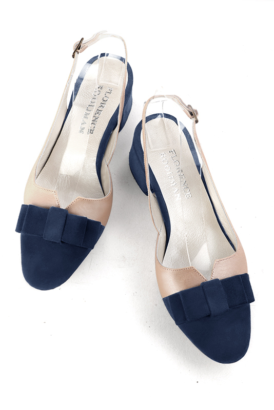 Navy blue and powder pink women's open back shoes, with a knot. Round toe. Low flare heels. Top view - Florence KOOIJMAN